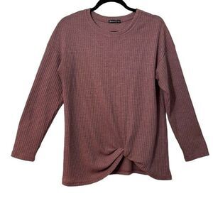 Miholl earthy muted mulberry color waffle weave top with front knot hem M